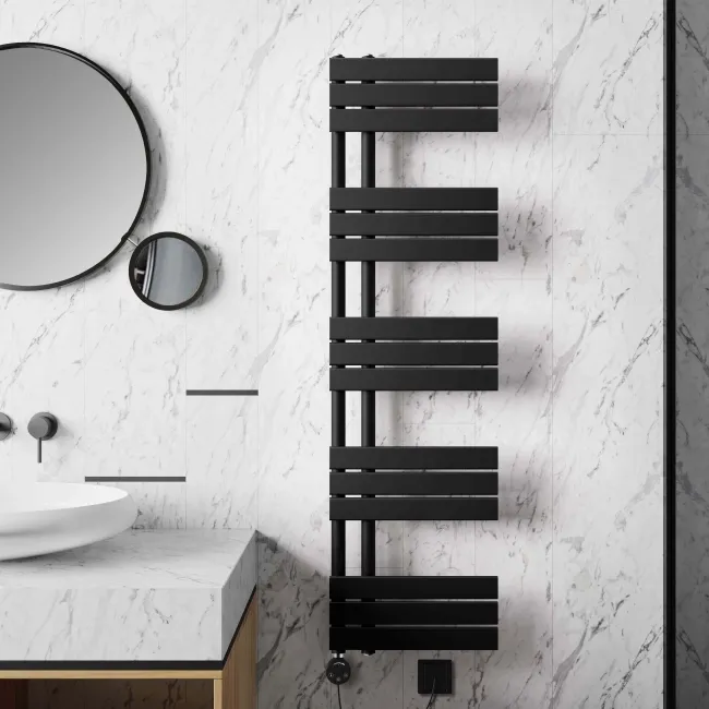 Seville Electric Matt Black Designer Flat Panel Heated Towel Rail 1600x450mm