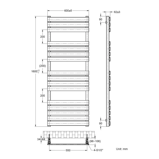 Santorini Electric Anthracite Flat Panel Heated Towel Rail 1600x600mm