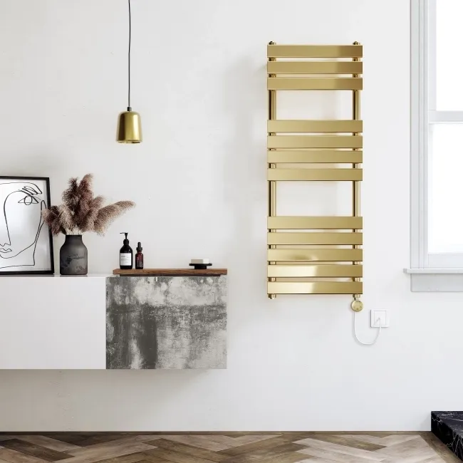 Santorini Electric Brushed Brass Flat Panel Heated Towel Rail 1200x450mm