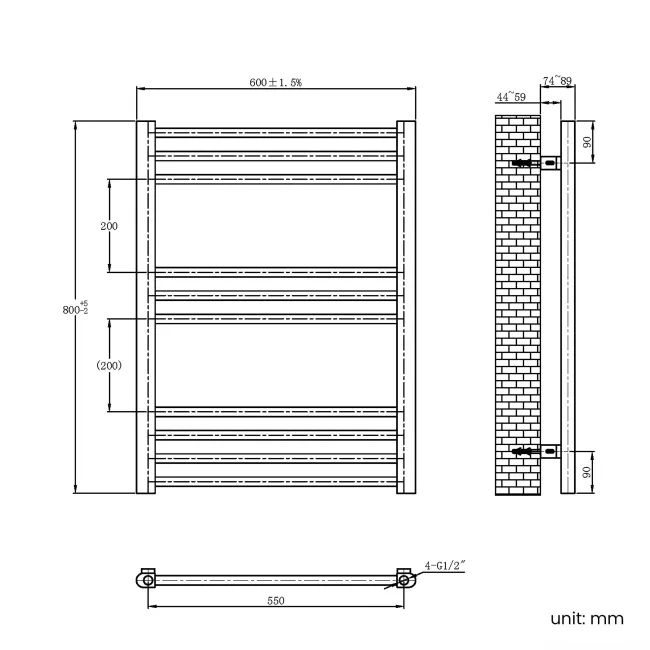 Barcelona Electric Brushed Brass Straight Heated Towel Rail 800x600mm