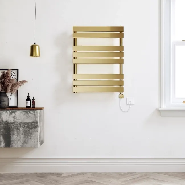 Santorini Electric Brushed Brass Flat Panel Heated Towel Rail 800x600mm