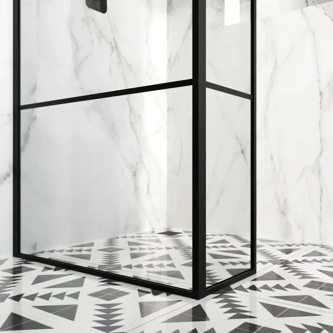 Munich Matt Black Grid 8mm Wet Room Shower Glass 800mm & 250mm Return Panel