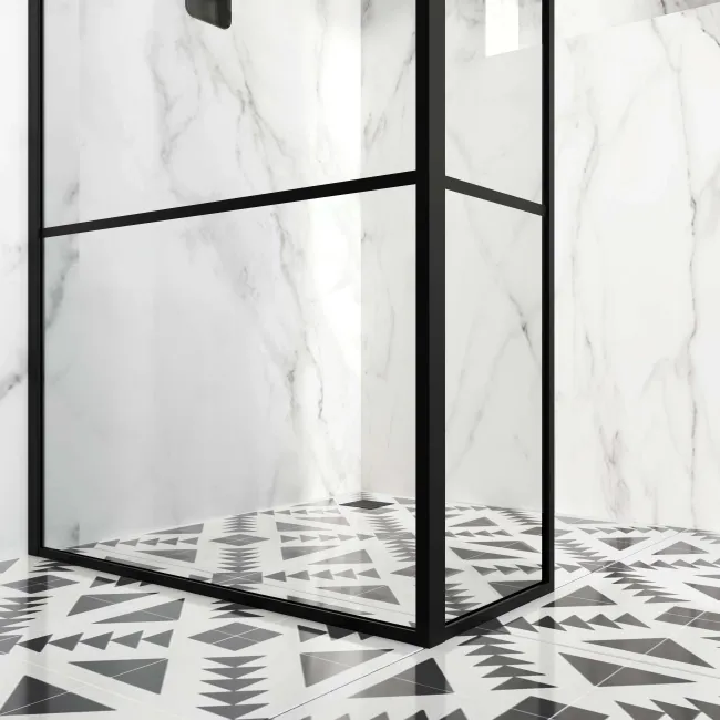 Munich Matt Black Grid 8mm Wet Room Shower Glass 700mm & 250mm Return Panel