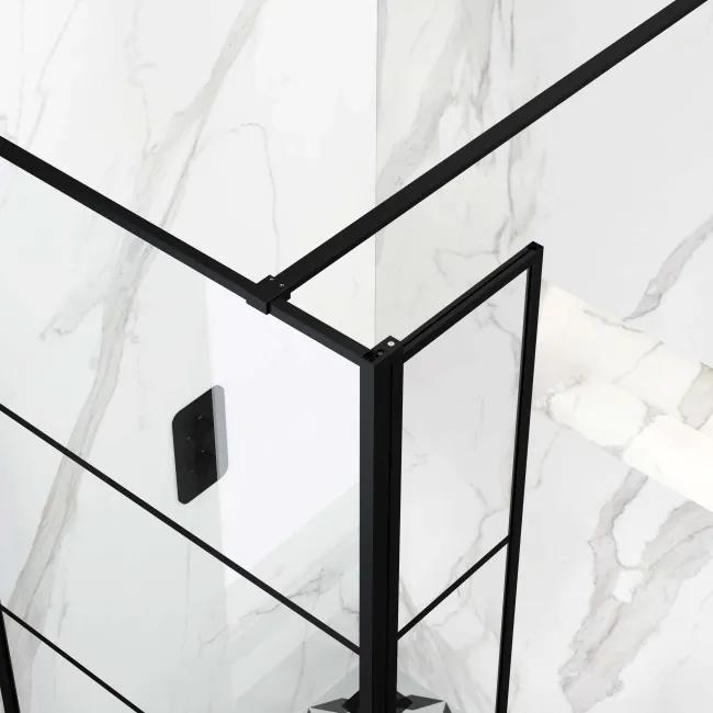 Munich Matt Black Grid 8mm Wet Room Shower Glass 700mm & 250mm Pivotal Return Panel