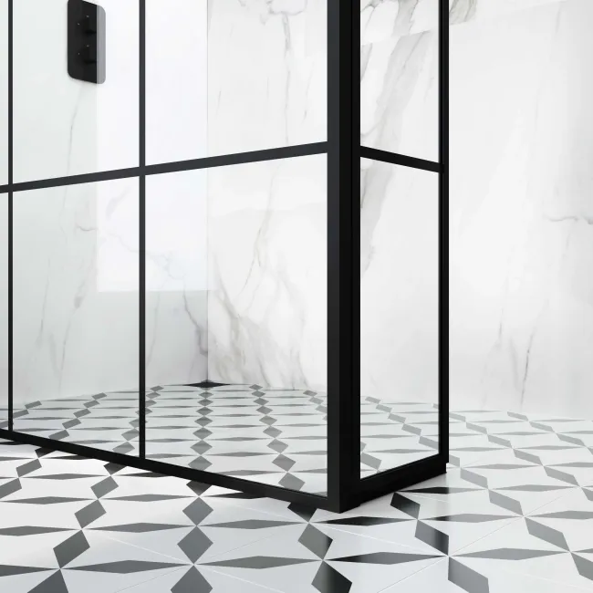 Munich Matt Black Grid 8mm Wet Room Shower Glass 800mm & 250mm Pivotal Return Panel