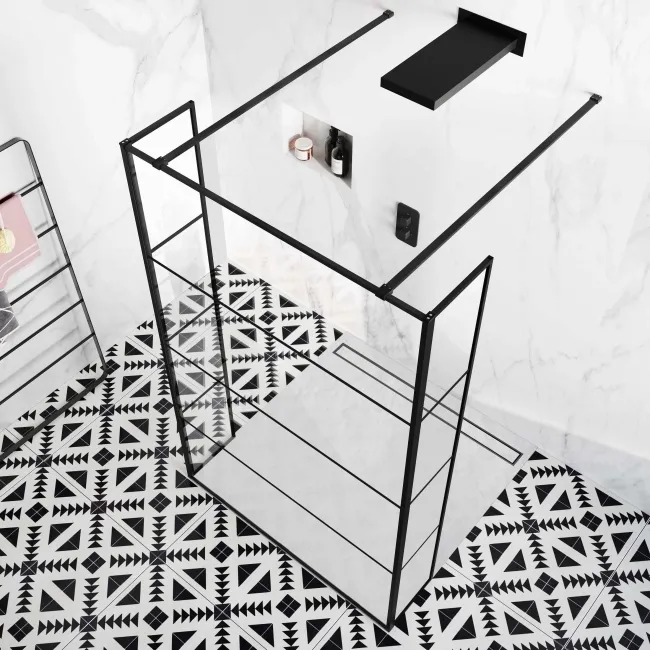 Munich Matt Black Grid 8mm Walk Through Wet Room Shower Glass Panel 1200mm & 250mm Return Panel