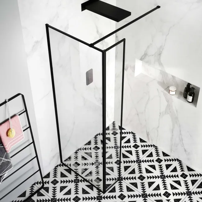 Munich Matt Black Framed 8mm Wet Room Shower Glass 900mm & 250mm Return Panel