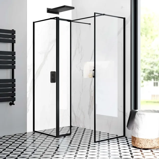 Munich Matt Black Framed 8mm Walk In Shower Enclosure 700mm & 800mm Glass with Pivotal Return Panel