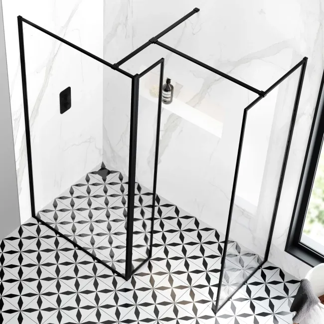 Munich Matt Black Framed 8mm Walk In Shower Enclosure 1000mm & 700mm Glass with Pivotal Return Panel