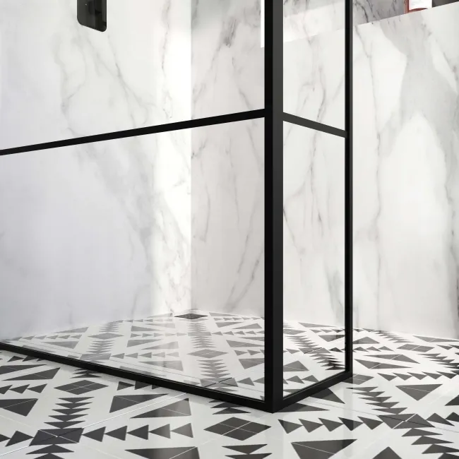 Munich Matt Black Grid 8mm Wet Room Shower Glass 1100mm & 250mm Return Panel