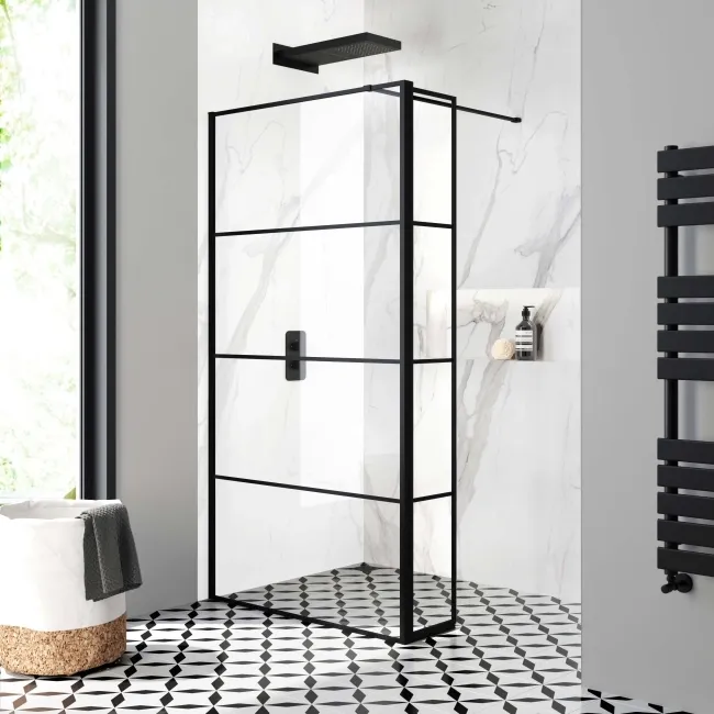 Munich Matt Black Grid 8mm Wet Room Shower Glass 1100mm & 250mm Pivotal Return Panel