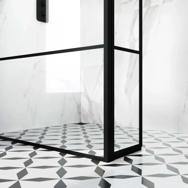 Munich Matt Black Grid 8mm Wet Room Shower Glass 1100mm & 250mm Pivotal Return Panel