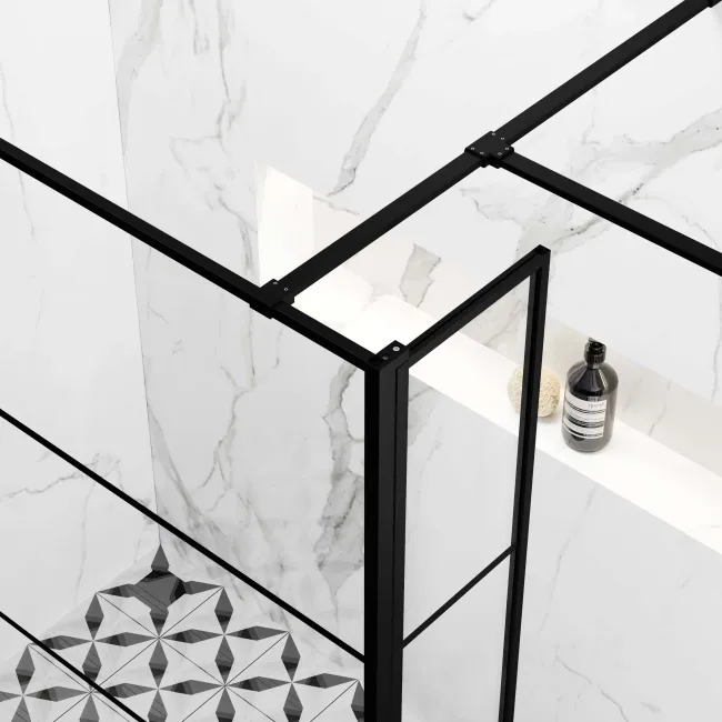 Munich Matt Black Grid 8mm Walk In Shower Enclosure 1100mm & 900mm Glass with Pivotal Return Panel