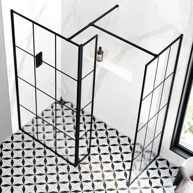 Munich Matt Black Grid 8mm Walk In Shower Enclosure 1100mm & 700mm Glass with Pivotal Return Panel