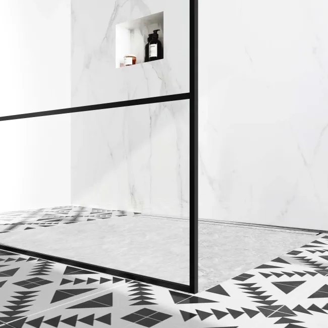 Munich Matt Black Grid 8mm Walk Through Wet Room Shower Glass Panel 1100mm