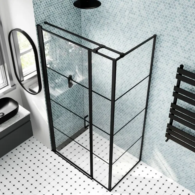 Toulon Matt Black Grid Easy Clean 6mm Pivot Shower Enclosure 1000x700mm