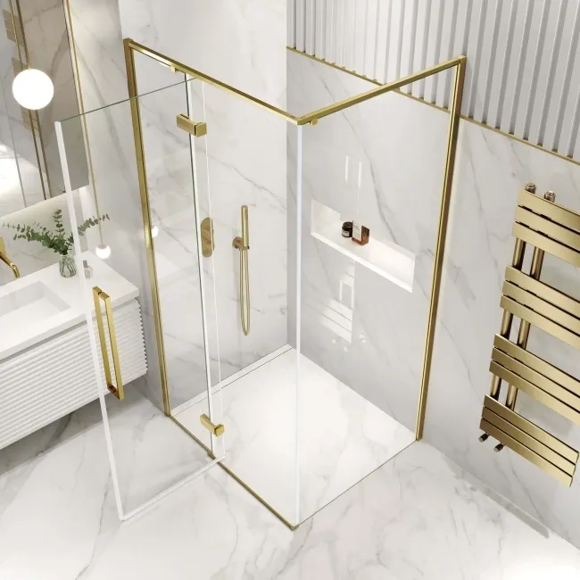 Helsinki Brushed Brass Premium Easy Clean 8mm Hinged Shower Enclosure 1100x800mm
