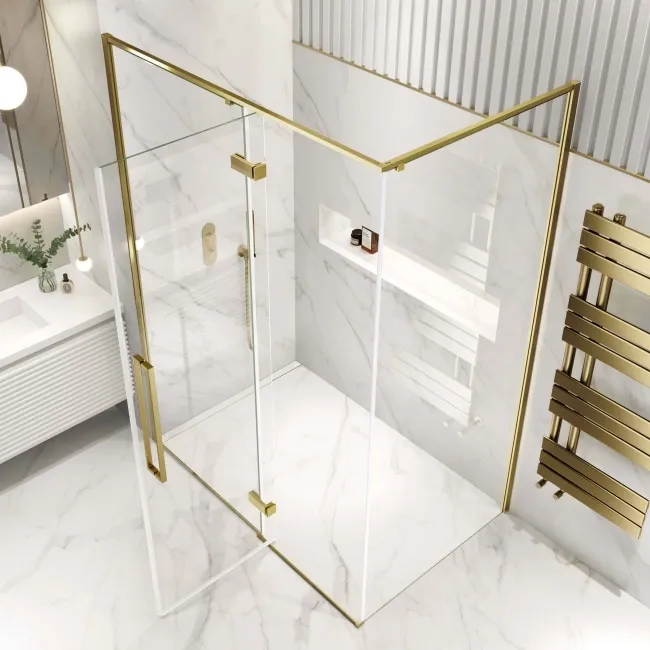 Helsinki Brushed Brass Premium Easy Clean 8mm Hinged Shower Enclosure 1400x800mm