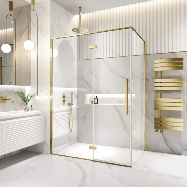 Helsinki Brushed Brass Premium Easy Clean 8mm Hinged Shower Enclosure 1400x900mm