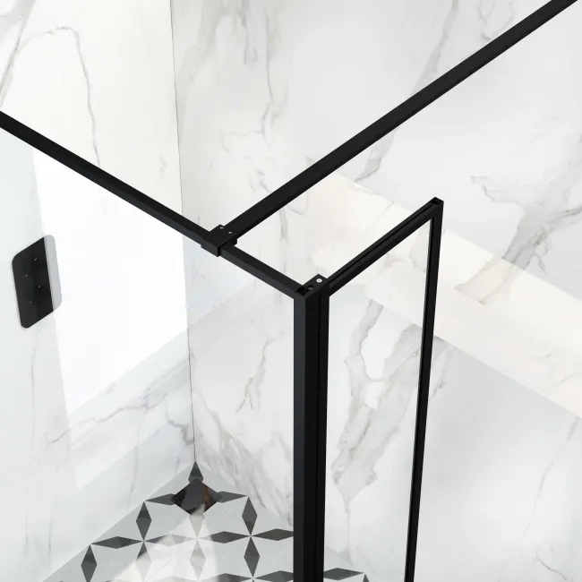 Munich Matt Black Framed 8mm Wet Room Shower Glass 1400mm & 250mm Pivotal Return Panel
