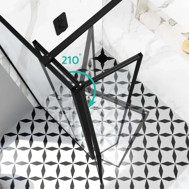 Munich Matt Black Framed 8mm Walk In Shower Enclosure 1400mm & 700mm Glass with Pivotal Return Panel