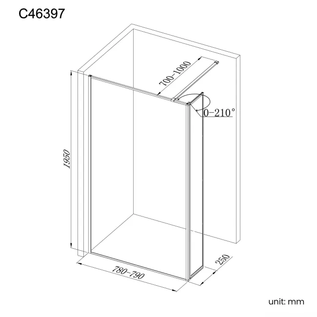 Munich Brushed Brass Framed 8mm Wet Room Shower Glass 800mm & 250mm Pivotal Return Panel