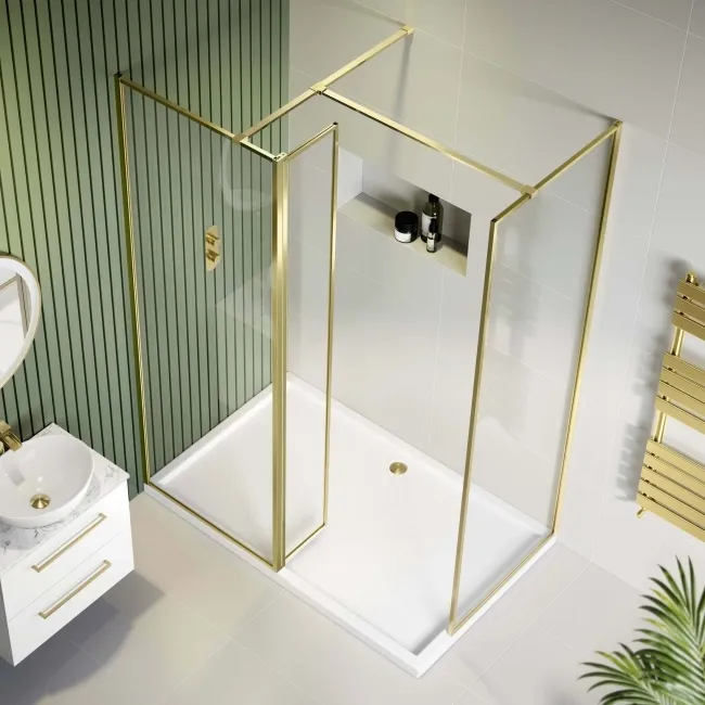 Munich Brushed Brass Framed 8mm Walk In Shower Enclosure 700mm & 800mm Glass with Return Panel