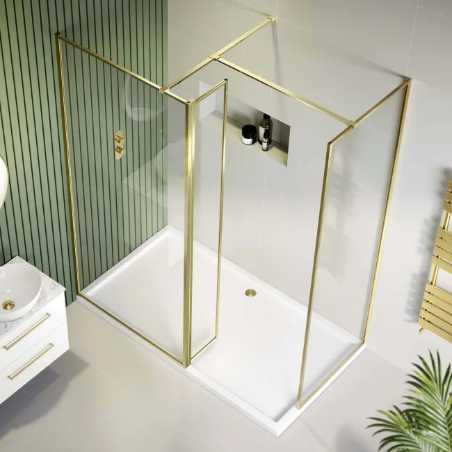 Munich Brushed Brass Framed 8mm Walk In Shower Enclosure 900mm & 800mm Glass with Return Panel