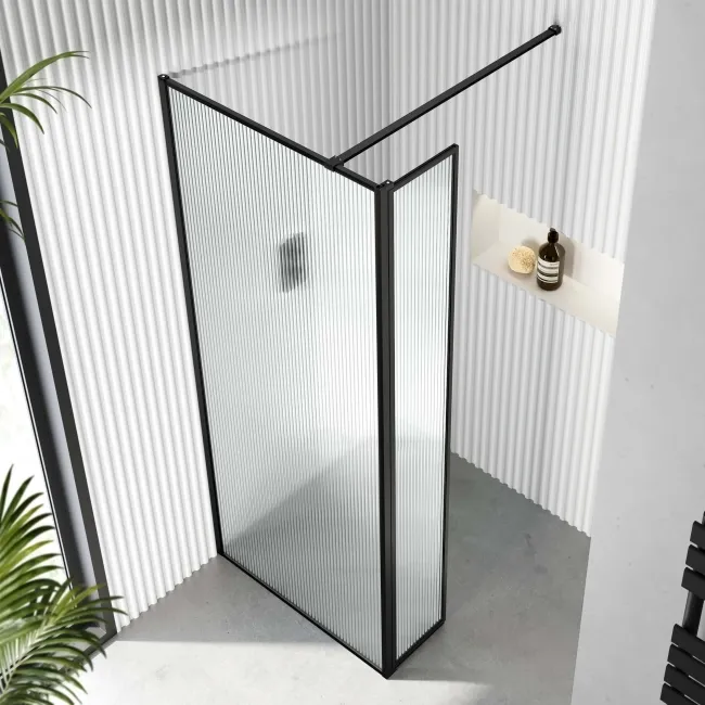 Munich Fluted Effect Matt Black Framed 8mm Wet Room Shower Glass 700mm & 250mm Pivotal Return Panel