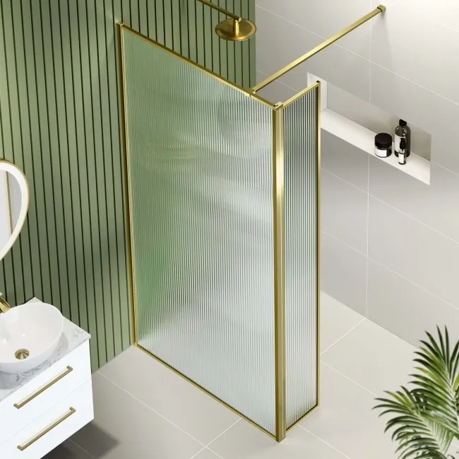 Munich Fluted Effect Brushed Brass 8mm Wet Room Shower Glass 900mm & 250mm Pivotal Return Panel