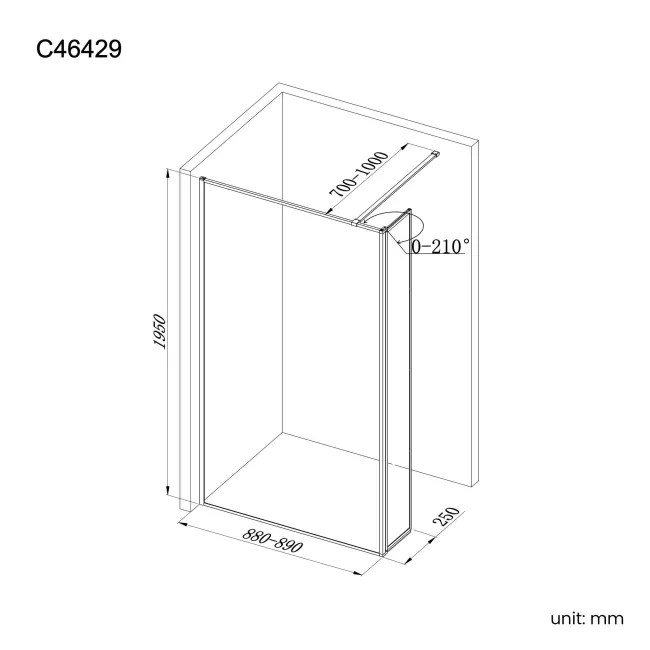 Munich Fluted Effect Brushed Brass 8mm Wet Room Shower Glass 900mm & 250mm Pivotal Return Panel