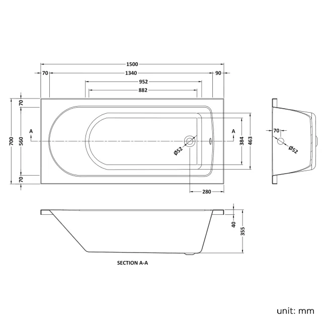 Stafford  1500x700 Round Single Ended Bath