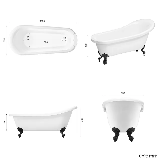 Highbury 1550mm Roll Top Slipper Bath - Black Ball Feet