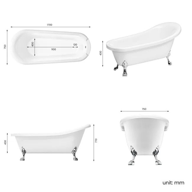 Highbury 1700mm Roll Top Slipper Bath - Chrome Claw Feet