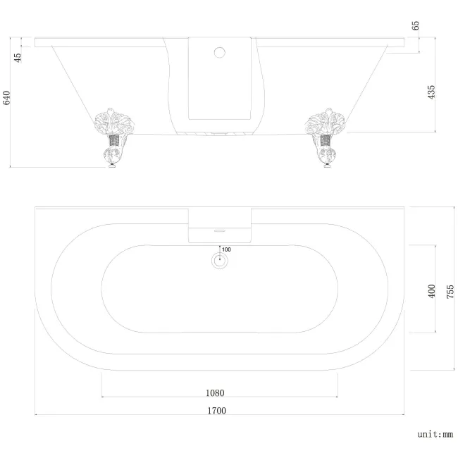 Harrow 1700mm Back To Wall Roll Top Bath - White Ball Feet