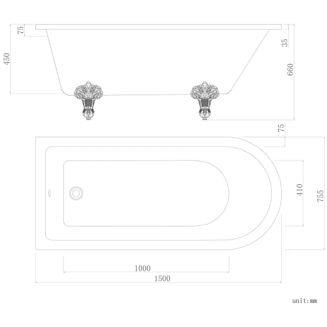 Abingdon 1500mm Single Ended Roll Top Bath - Chrome Ball Feet