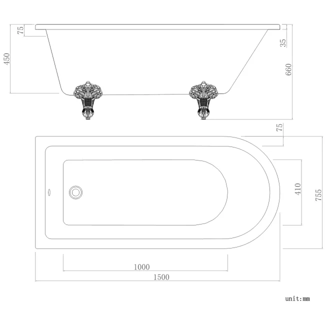 Abingdon 1500mm Dove Grey Single Ended Roll Top Bath - Chrome Ball Feet