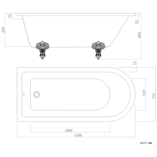 Abingdon 1500mm Dove Grey Single Ended Roll Top Bath - Grey Ball Feet