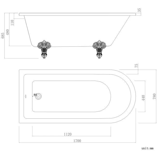 Abingdon 1700 Roll Top Shower Bath - Black Ball Feet & 6mm Easy Clean Screen