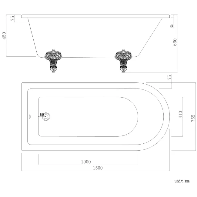 Abingdon 1500 Roll Top Shower Bath - Chrome Ball Feet & 6mm Easy Clean Screen With Rail