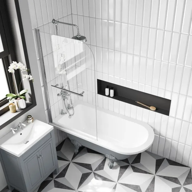 Abingdon 1500 Dove Grey Roll Top Shower Bath - Grey Ball Feet & 6mm Easy Clean Screen With Rail