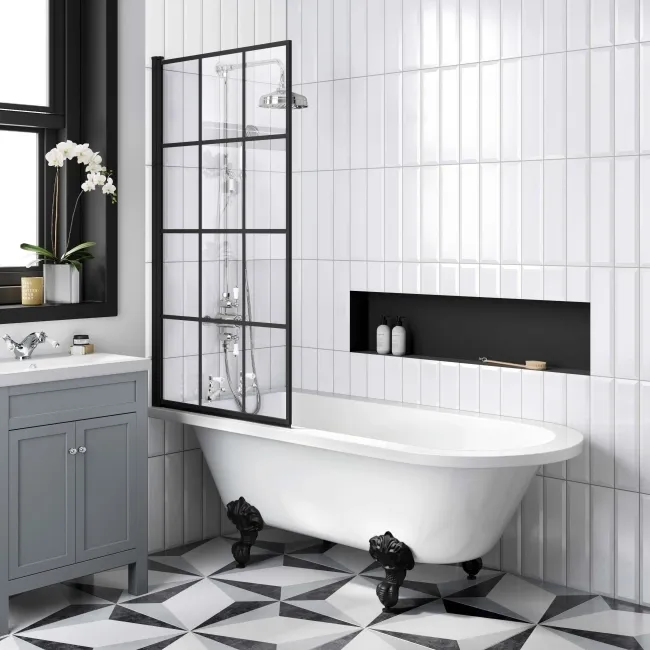 Abingdon 1700 Roll Top Shower Bath - Black Ball Feet & 6mm Easy Clean Matt Black Grid Screen