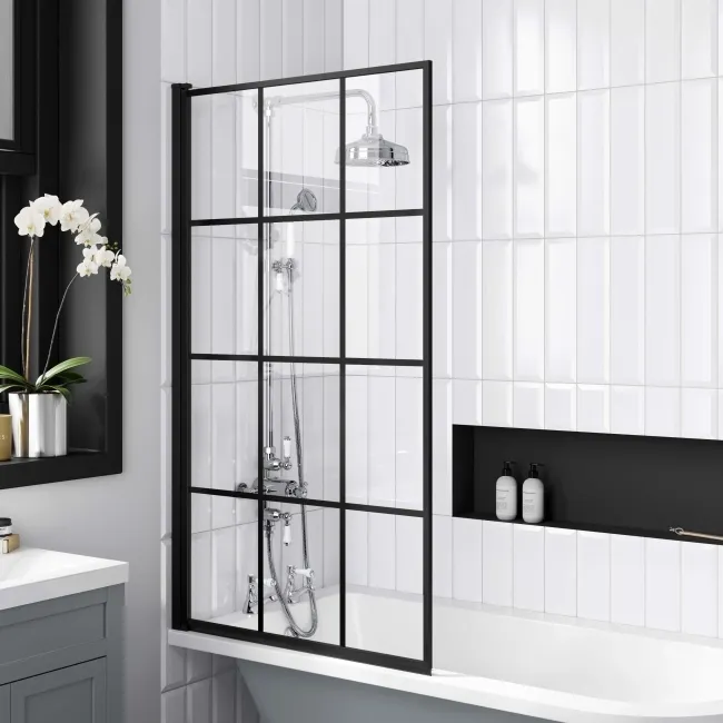 Abingdon 1500 Dove Grey Roll Top Shower Bath - White Ball Feet & 6mm Easy Clean Matt Black Grid Screen
