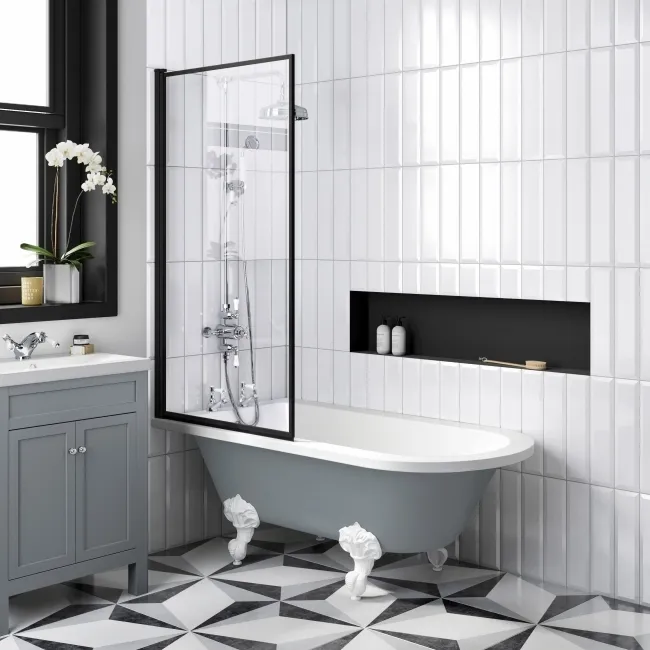 Abingdon 1500 Dove Grey Roll Top Shower Bath - White Ball Feet & 6mm Easy Clean Matt Black Framed Screen