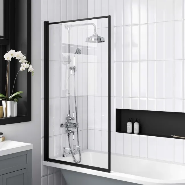 Abingdon 1500 Dove Grey Roll Top Shower Bath - White Ball Feet & 6mm Easy Clean Matt Black Framed Screen