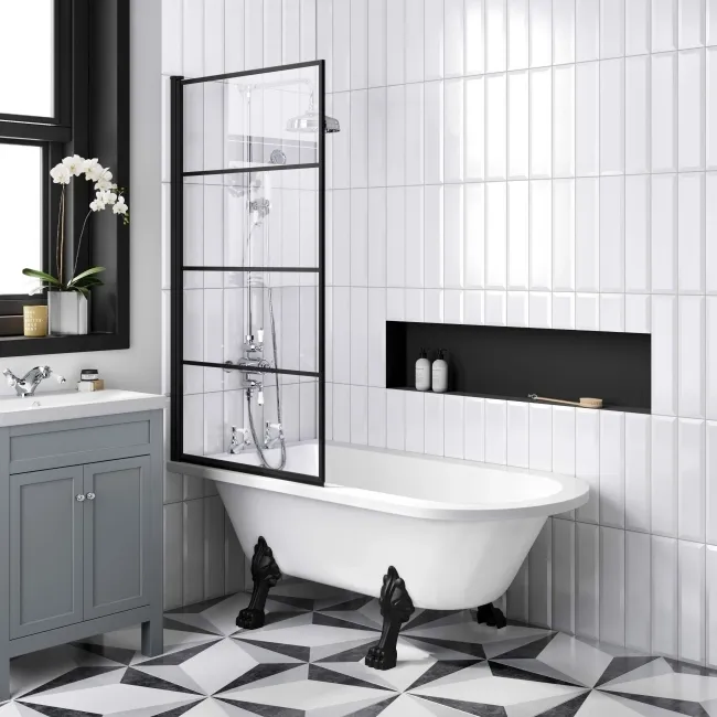 Abingdon 1500 Roll Top Shower Bath - Black Claw Feet & 6mm Easy Clean Matt Black Grid Screen