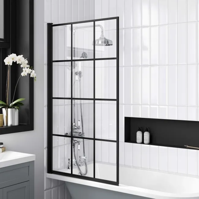 Abingdon 1500 Dove Grey Roll Top Shower Bath - White Claw Feet & 6mm Easy Clean Matt Black Grid Screen