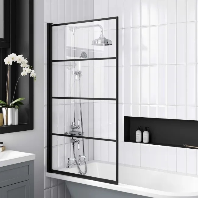 Abingdon 1500 Dove Grey Roll Top Shower Bath - White Claw Feet & 6mm Easy Clean Matt Black Grid Screen