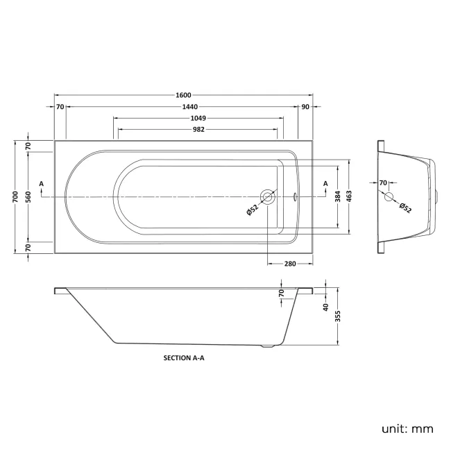 Stafford  1600x700 Shower Bath & 4mm Screen with Rail