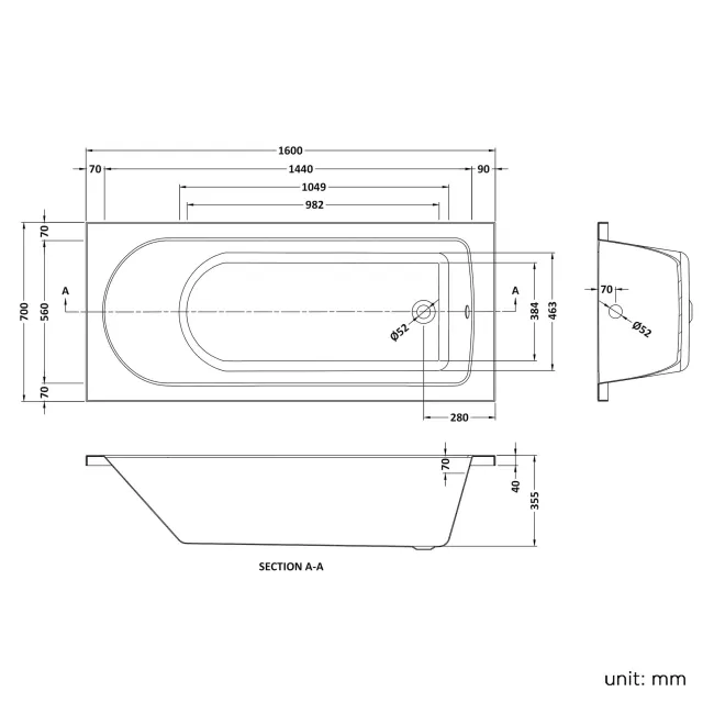 Stafford 1600x700 Round Shower Bath & 6mm Easy Clean Screen with Rail